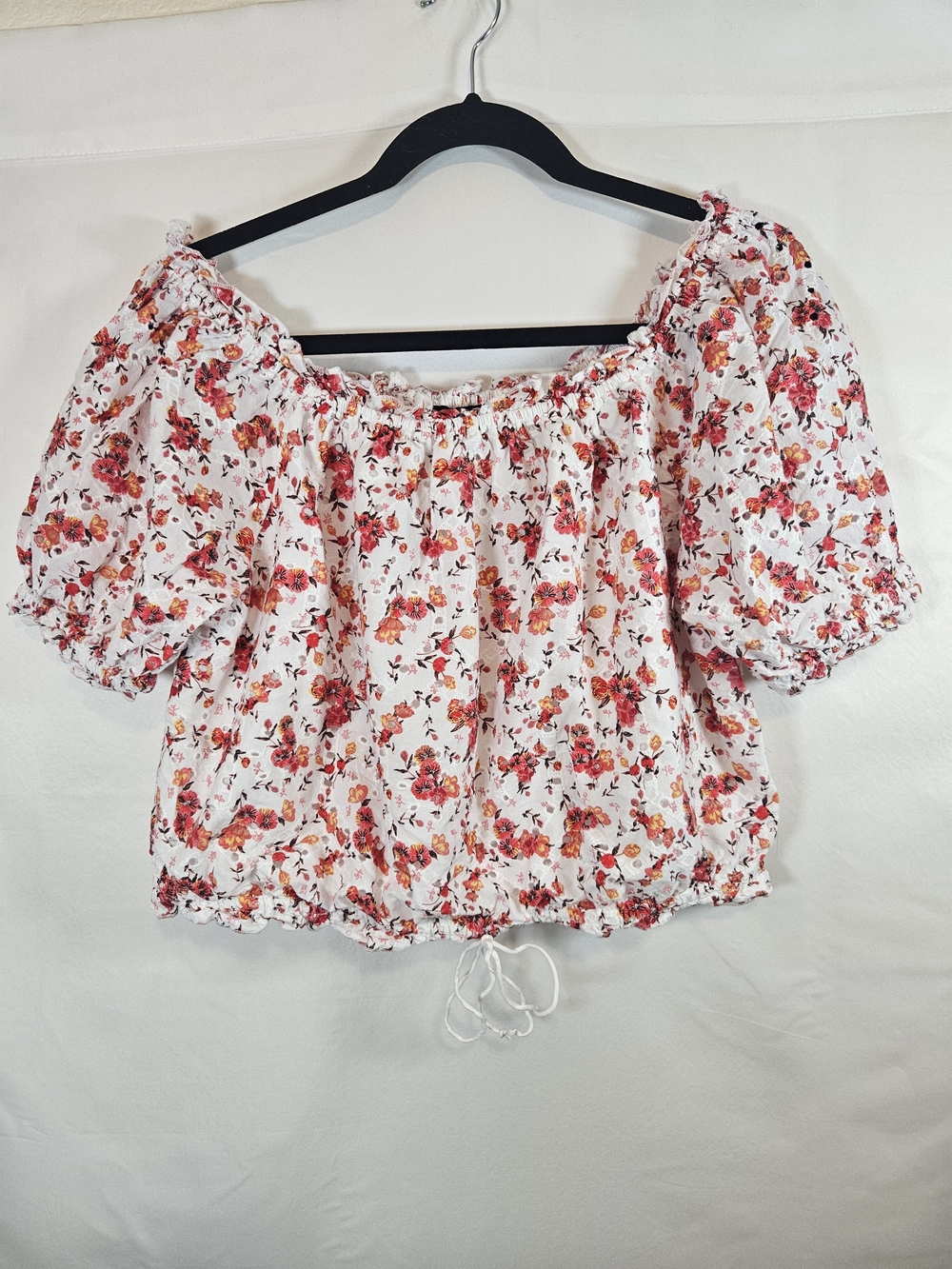 Off-Shoulder Floral Peasant Blouse  White, Red & Orange Floral Print Boho